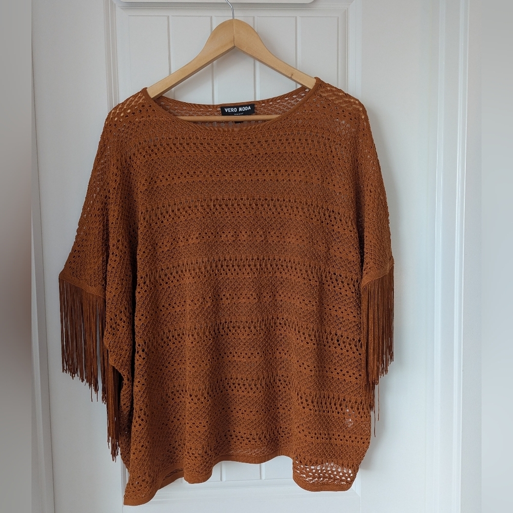 Vero Moda Women's Rust Orange Crochet Fringe Poncho